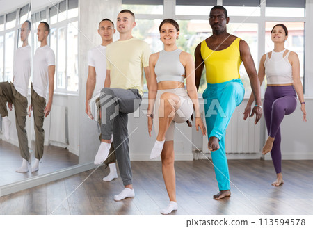 Young and middle-aged men and women practicing Irish dance in training hall 113594578