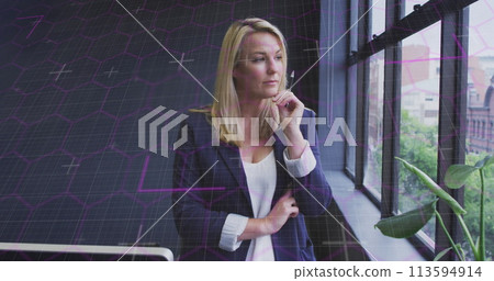 Image of data processing over caucasian businesswoman in office Image of data processing over caucasian businesswoman in office 113594914