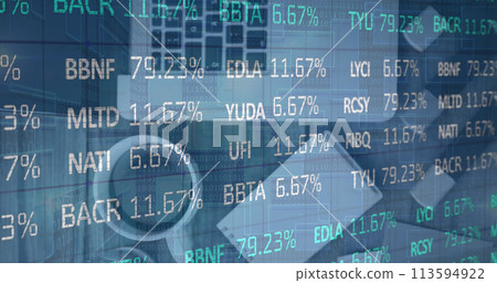 Image of stock market data processing over close up of office equipment on wooden surface 113594922