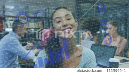 Image of data processing over diverse business people working in office Image of data processing over diverse business people working in office 113594941