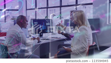Image of data processing over diverse business people working in office Image of data processing over diverse business people working in office 113594945
