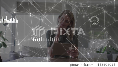 Image of network of connections with data over caucasian businesswoman with tablet Image of network of connections with data over caucasian businesswoman with tablet 113594951