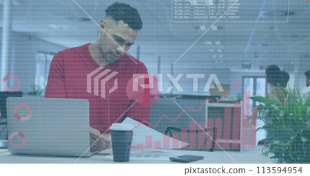 Image of financial data processing over biracial businessman using laptop in office Image of financial data processing over biracial businessman using laptop in office 113594954