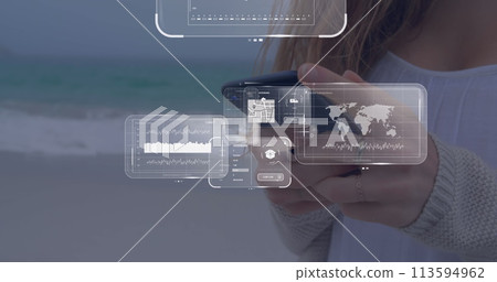 Image of data on screens over caucasian woman with smartphone Image of data on screens over caucasian woman with smartphone 113594962