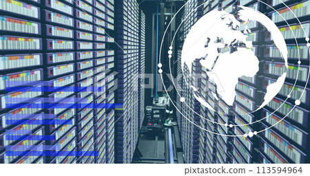 Image of financial data processing over globe and servers background Image of financial data processing over globe and servers background 113594964