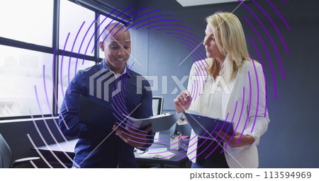 Image of data processing over diverse business people working in office Image of data processing over diverse business people working in office 113594969