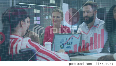 Image of financial data processing over diverse business people working in office Image of financial data processing over diverse business people working in office 113594974