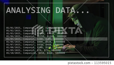 Image of connections and data processing over male asian hacker using computer 113595015