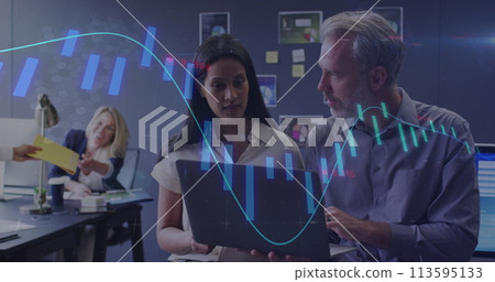 Image of financial data processing over diverse business people working in office 113595133