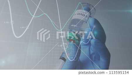 Image of data processing over covid 19 vaccine with syringe Image of data processing over covid 19 vaccine with syringe 113595154