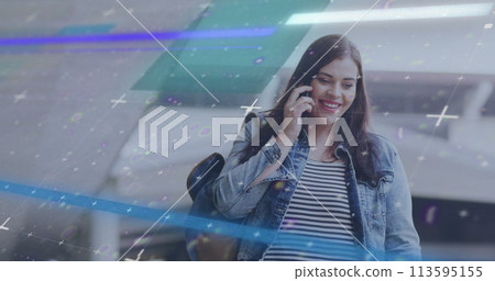 Image of data processing over caucasian woman using smartphone Image of data processing over caucasian woman using smartphone 113595155