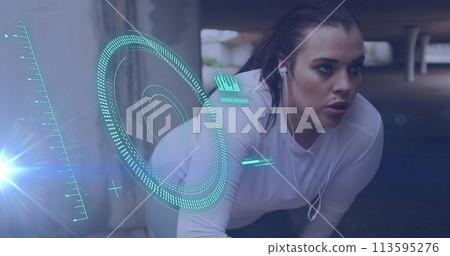 Image of data processing over caucasian woman exercising Image of data processing over caucasian woman exercising 113595276