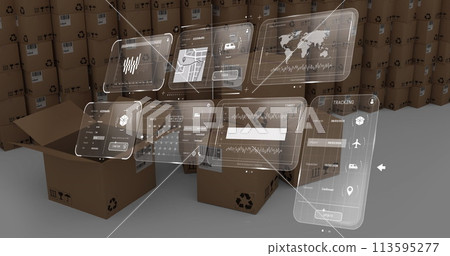 Image of data processing on screens over cardboard boxes 113595277