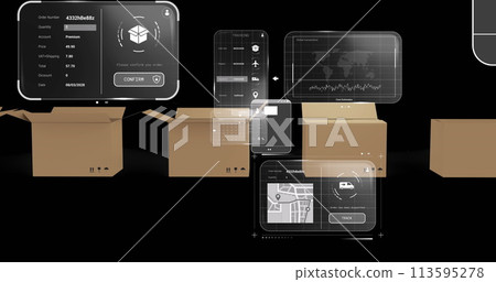 Image of data processing on screens over cardboard boxes Image of data processing on screens over cardboard boxes 113595278