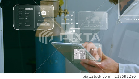 Image of data processing on screen over caucasian male scientist with tablet 113595280