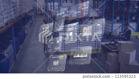 Image of data processing on screens over diverse people working in warehouse 113595323