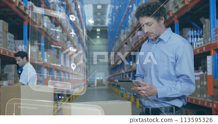 Image of data processing on screens over caucasian man working in warehouse 113595326