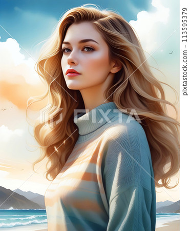 Portrait of a young woman wearing a light knitted garment with a retro colored natural landscape in the background 113595379