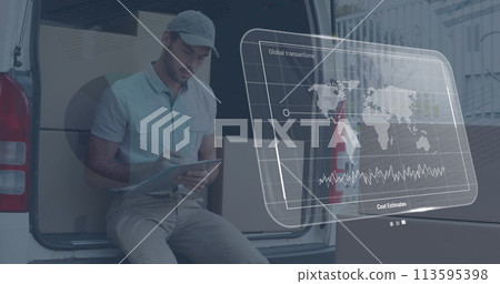 Image of data processing on screen over caucasian delivery man and cardboard boxes Image of data processing on screen over caucasian delivery man and cardboard boxes 113595398