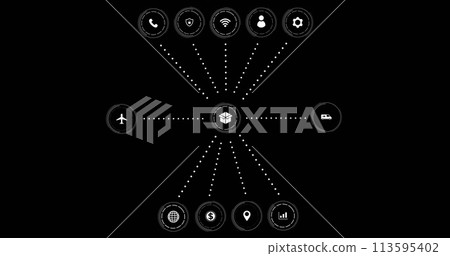 Image of icons with network of connections on black background Image of icons with network of connections on black background 113595402
