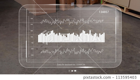 Image of data processing on screens over cardboard boxes Image of data processing on screens over cardboard boxes 113595403