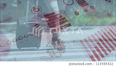 Image of covid 19 cell and statistics recording over woman walking with suitcase 113595422