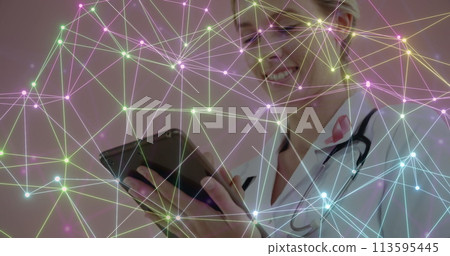 Image of network of connections over caucasian female doctor using tablet 113595445