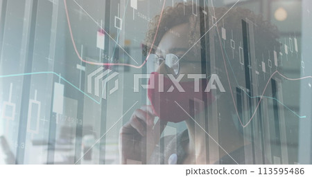 Image of statistics recording over woman in office wearing face mask Image of statistics recording over woman in office wearing face mask 113595486