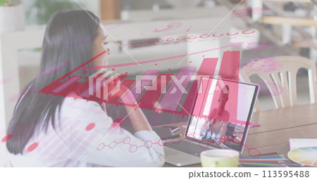 Image of statistics recording over woman using laptop on image call 113595488