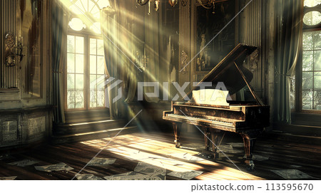 A grand piano in a room with light coming in through the window Generative AI A grand piano in a room with light coming in through the window Generative AI 113595670