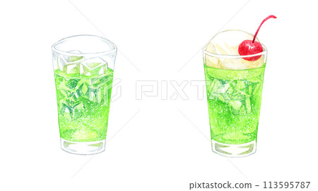 A set of melon soda and melon cream soda. Hand-drawn watercolor illustration of a drink A set of melon soda and melon cream soda. Hand-drawn watercolor illustration of a drink 113595787