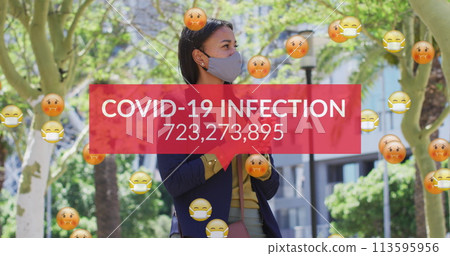 Image of covid 19 infection text and numbers with emojis and woman wearing face mask Image of covid 19 infection text and numbers with emojis and woman wearing face mask 113595956