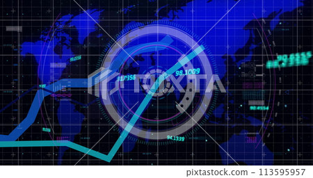 Image of scope scanning and data processing over world map in background Image of scope scanning and data processing over world map in background 113595957