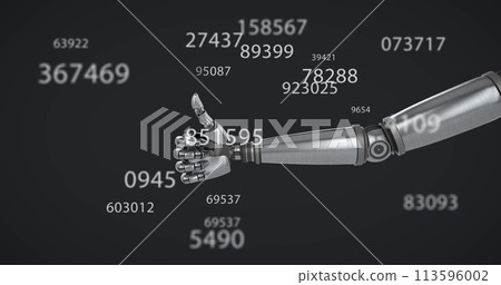 Image of numbers changing over robot giving thumbs up on black background 113596002