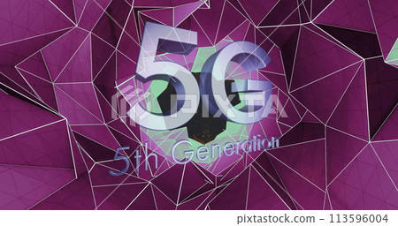 Image of 5g 5th generation text over network of purple connections in background 113596004