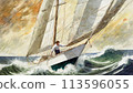 Sailboat or boat in a turbulent sea, Ship in rough sea nautical tempest with wind and rain. Concept of danger, confusion and heroism. AI illustration 113596055