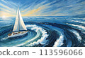 Art ocean whirlpool or Maelstrom of sailboat or ship sucked in or caught. Bright blues illustration of a boat at sea with waves, clouds and wind. Nautical Scenic Landscape Illustration. Concept of 113596066
