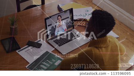 Image of numbers changing over woman using laptop on image call in background Image of numbers changing over woman using laptop on image call in background 113596095
