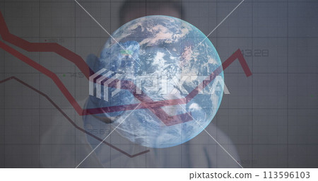 Image of red lines recording with globe over male doctor holding vaccination wearing face mask Image of red lines recording with globe over male doctor holding vaccination wearing face mask 113596103