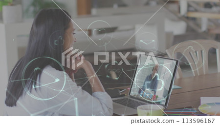 Image of digital icons over woman using laptop on image call in background 113596167