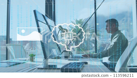 Image of ai data processing over caucasian businessman using laptop 113596211