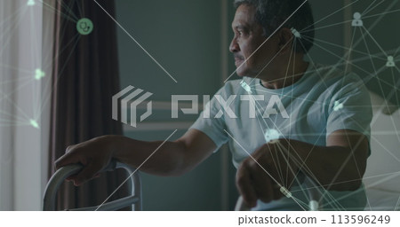 Image of network of connections with medical icons over worried man at home 113596249