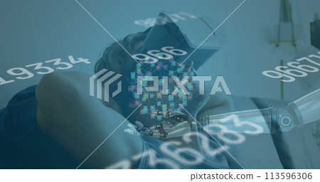 Image of numbers changing and globe of connections over man wearing vr headset in background 113596306