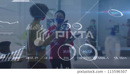 Image of statistics recording over colleagues in office wearing face masks 113596307