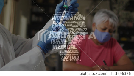 Image of covid 19 text over male doctor preparing vaccination wearing face mask 113596326