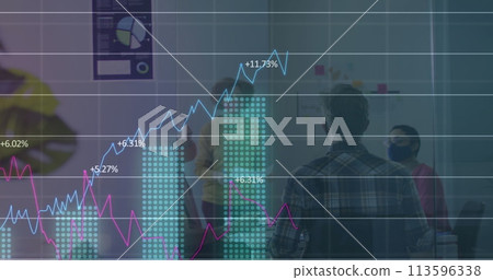 Image of statistics recording over colleagues in office wearing face masks 113596338