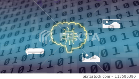 Image of ai text and icon, data processing over binary coding Image of ai text and icon, data processing over binary coding 113596390