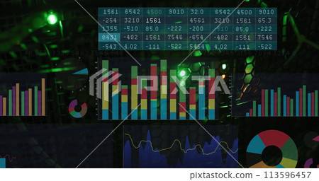 Image of graphs and data processing on black background 113596457