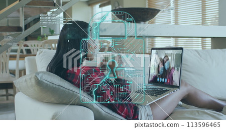 Image of digital padlock icon and data processing over woman using laptop on image call 113596465