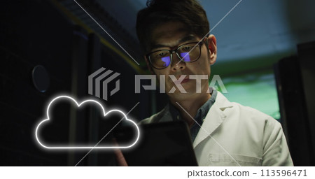 Image of cloud over asian man working in server room 113596471